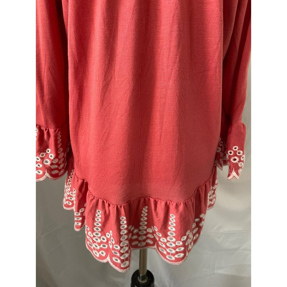 Fever Salmon Flare 3/4 Sleeve Eyelet Embroidered Wide neck Ruffle Bottom Blouse - Picture 7 of 10
